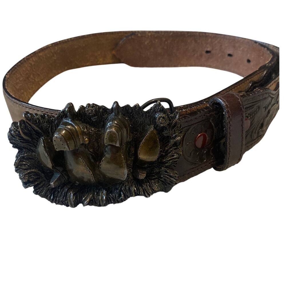 VTG 1981 Bergamont Brass Works 3-D Boots Buckle & Lyntone Tooled Leather Belt